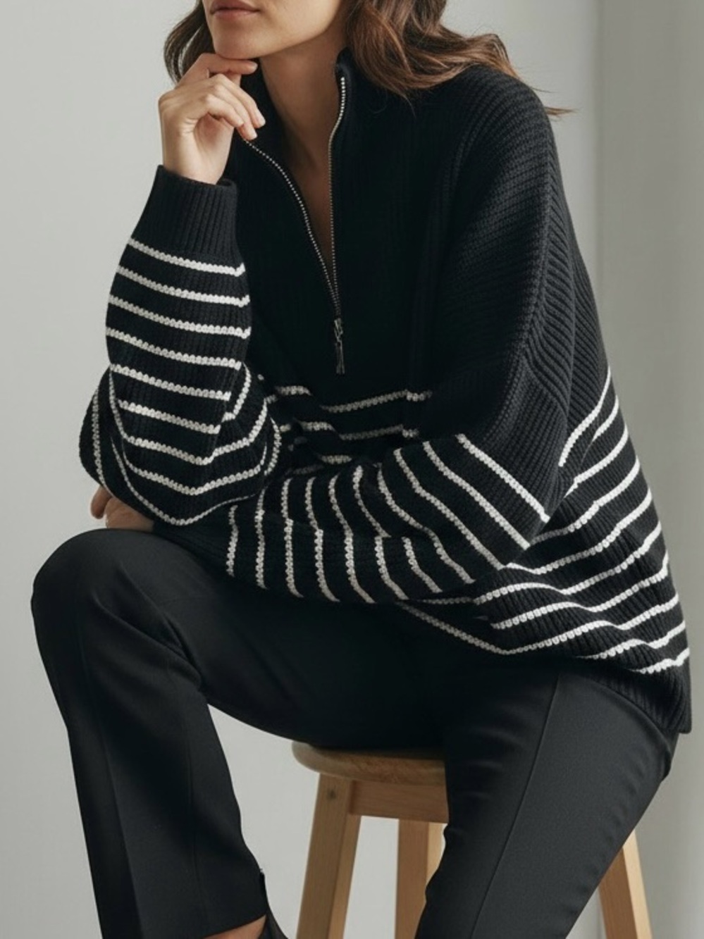 Vigoss Black & White Striped Quarter Zip Knit Sweater